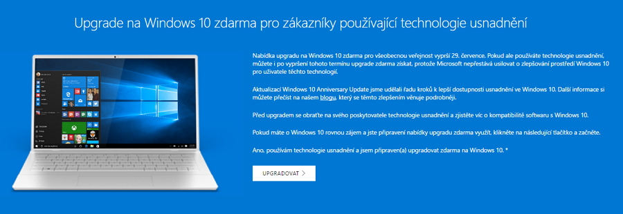 Upgrade na Windows 10 zůstává stále zdarma pro uživatele asistenčních technologií Upgrade na Windows 10 zůstává stále zdarma pro uživatele asistenčních technologií