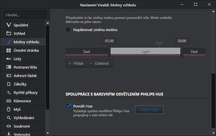 Podporu chytrých LED žárovek Philips Hue najdete v Nastavení - Motivy vzhledu Podporu chytrých LED žárovek Philips Hue najdete v Nastavení - Motivy vzhledu
