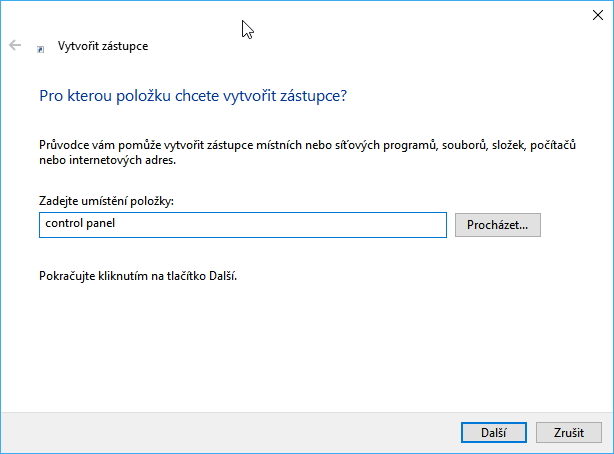 Zástupce Ovládacích panelů můžeme vytvořit i přímo - ne vždy jde ale takto vytvořený zástupce připnout k hlavnímu panelu Zástupce Ovládacích panelů můžeme vytvořit i přímo - ne vždy jde ale takto vytvořený zástupce připnout k hlavnímu panelu
