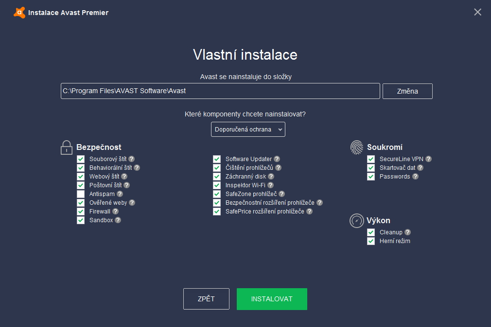 Avast Premier: podrobné přizpůsobení instalace, včetně adjustace pomocí šablony