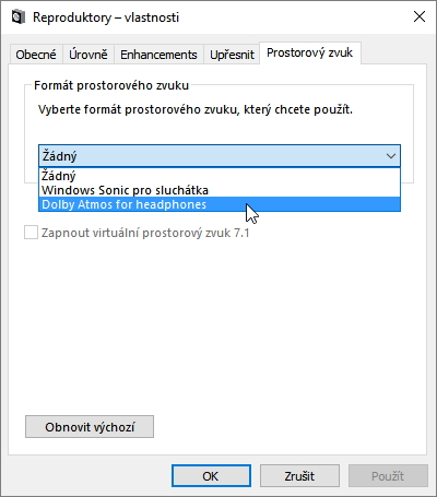 Volbou Dolby Atmos for headphones spustíme instalaci aplikace Dolby Access Volbou Dolby Atmos for headphones spustíme instalaci aplikace Dolby Access