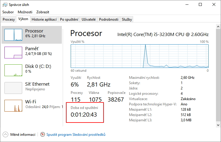 Jak dlouho je zapnutý počítač?
