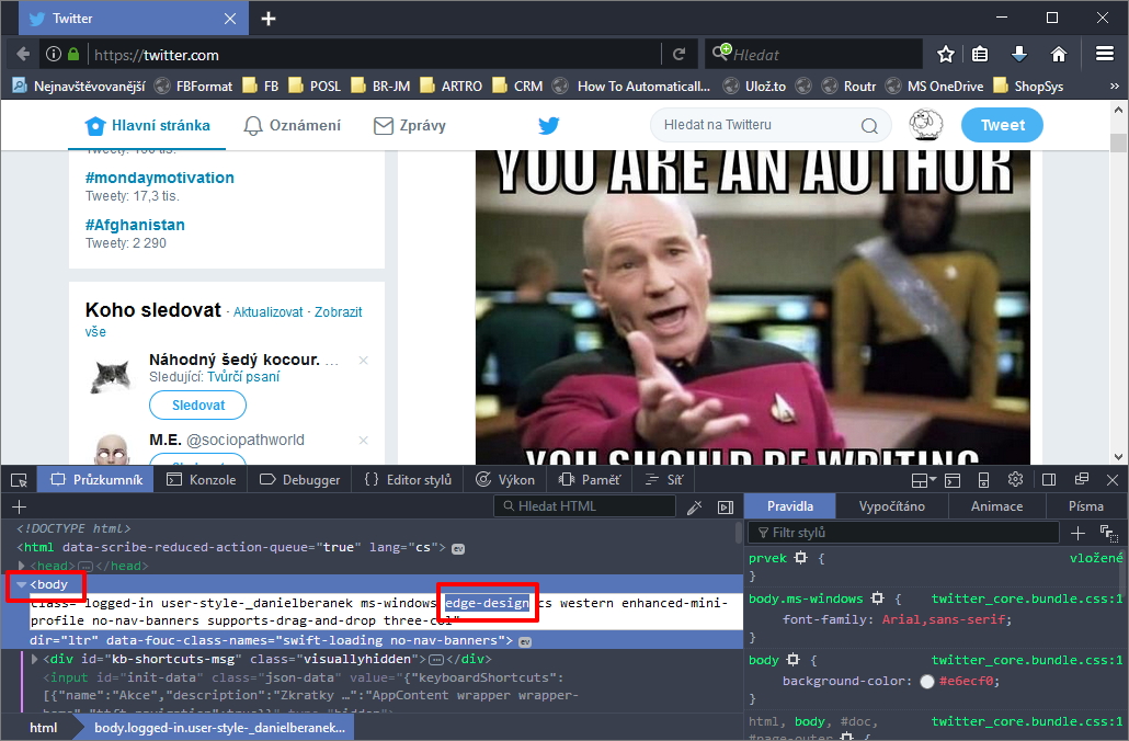 Dočasné navrácení původního vzhledu Twitteru ve Firefoxu se dá dosáhnout menší úpravou kódu stránky Dočasné navrácení původního vzhledu Twitteru ve Firefoxu se dá dosáhnout menší úpravou kódu stránky