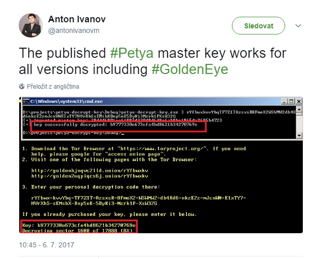 Publikovaný master klíč na Petyu funguje, a to na všechny verze včetně GoldenEye Publikovaný master klíč na Petyu funguje, a to na všechny verze včetně GoldenEye