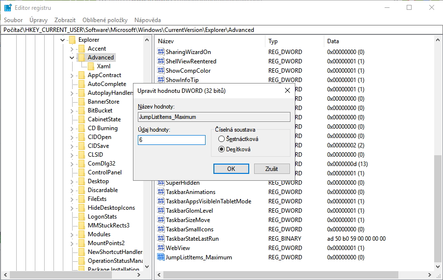 Ve složce HKEY_CURRENT_USER\Software\Microsoft\Windows\CurrentVersion\Explorer\Advanced vytvoříme DWORD 32bitovou hodnotu JumpListItems_Maximum Ve složce HKEY_CURRENT_USER\Software\Microsoft\Windows\CurrentVersion\Explorer\Advanced vytvoříme DWORD 32bitovou hodnotu JumpListItems_Maximum
