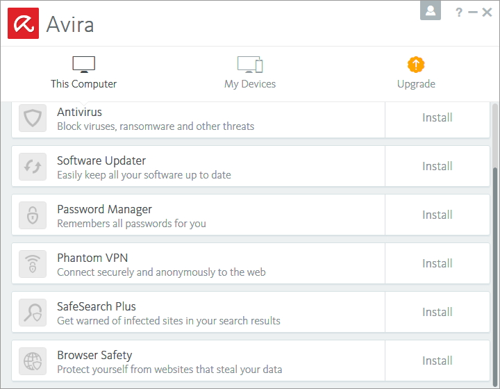 Obecné rozhraní Avira (dříve Avira Launcher) pro přístup ke všem nainstalovaným produktům Aviry