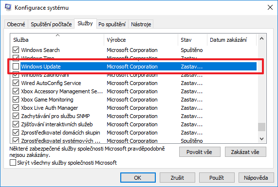Službu Windows Update vypneme přes nástroj Konfigurace systému Službu Windows Update vypneme přes nástroj Konfigurace systému
