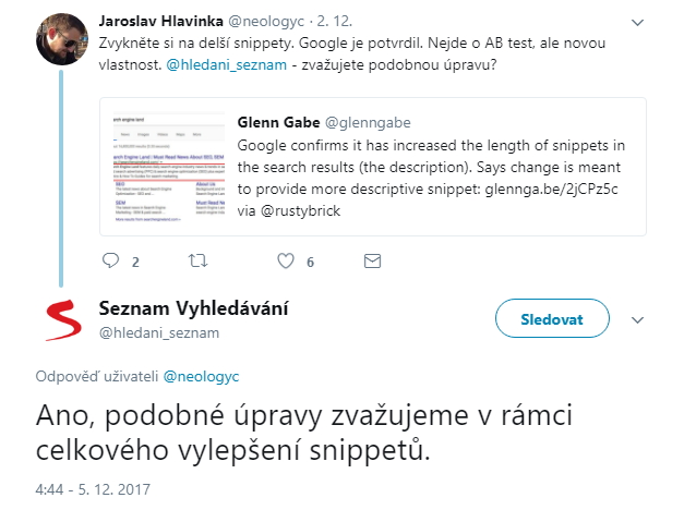 Reakce Seznamu by se měla odehrávat v intencích vyjádření: Ano, podobné úpravy zvažujeme v rámci celkového vylepšení snippetů. Reakce Seznamu by se měla odehrávat v intencích vyjádření: Ano, podobné úpravy zvažujeme v rámci celkového vylepšení snippetů.