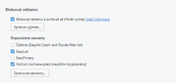 Aktivaci ochrany proti cryptominerům najdete v Nastavení - Základní - Blokovat reklamu - Doporučené seznamy - NoCoin Aktivaci ochrany proti cryptominerům najdete v Nastavení - Základní - Blokovat reklamu - Doporučené seznamy - NoCoin