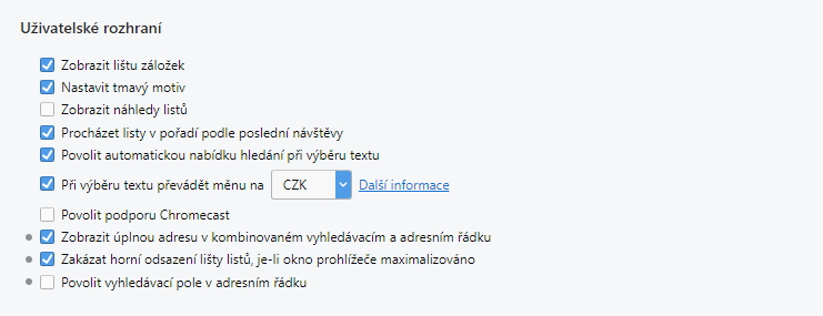 Zrcadlení pomocí Chromecast spustíte přes Nastavení - Prohlížeč - Uživatelské rozhraní - Povolit podporu Chromecast Zrcadlení pomocí Chromecast spustíte přes Nastavení - Prohlížeč - Uživatelské rozhraní - Povolit podporu Chromecast