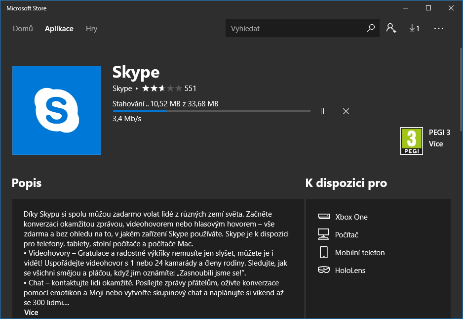 Nabídka Skypu ve Windows Store