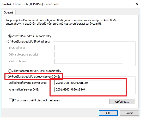 Změna DNS nastavení Windows pro IPv6 připojení Změna DNS nastavení Windows pro IPv6 připojení