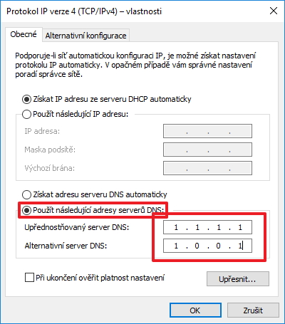 Změna DNS nastavení Windows pro IPv4 připojení Změna DNS nastavení Windows pro IPv4 připojení
