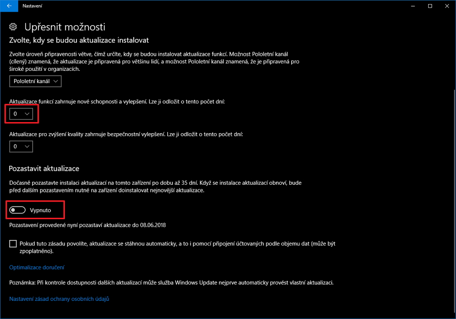 Nejsnadněji získáme odklad v Nastavení - ovšem jen na edicích Pro, Enterprise a Education Nejsnadněji získáme odklad v Nastavení - ovšem jen na edicích Pro, Enterprise a Education