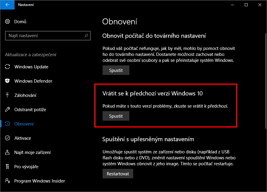 Možnost k návratu k předchozí verzi Windows se skrývá přímo v systémové aplikaci Nastavení