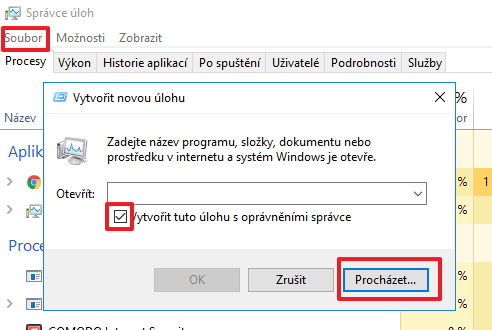 Ve Správci úloh je třeba navigovat Soubor - Spustit novou úlohu, zaškrtnout volbu Vytvořit tuto úlohu s oprávněními správce a dát Procházet Ve Správci úloh je třeba navigovat Soubor - Spustit novou úlohu, zaškrtnout volbu Vytvořit tuto úlohu s oprávněními správce a dát Procházet