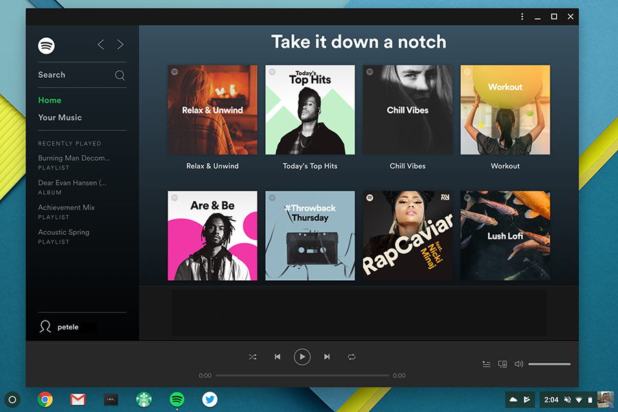 Spotify v podobě progresivní webové aplikace běžící na Chrome 67 v prostředí ChromeOS Spotify v podobě progresivní webové aplikace běžící na Chrome 67 v prostředí ChromeOS