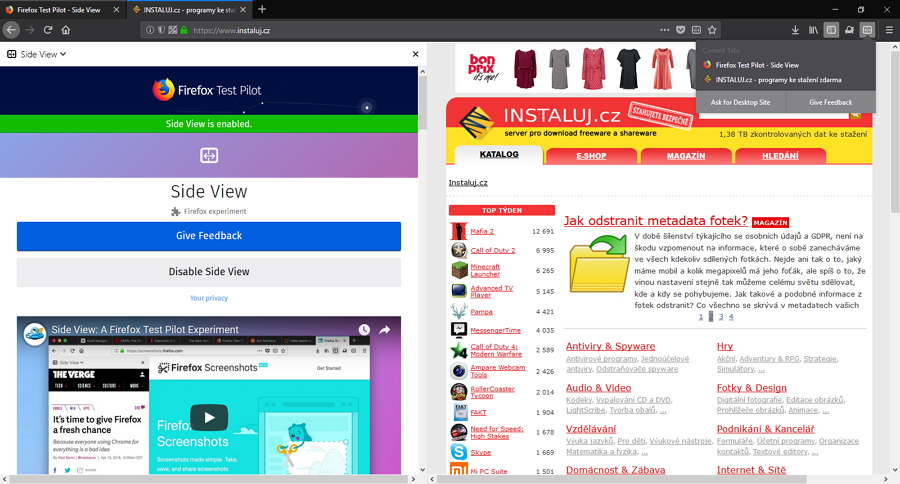 Rozšíření Side View pohled na panel rozpoltí zobrazením dvou webů současně Rozšíření Side View pohled na panel rozpoltí zobrazením dvou webů současně