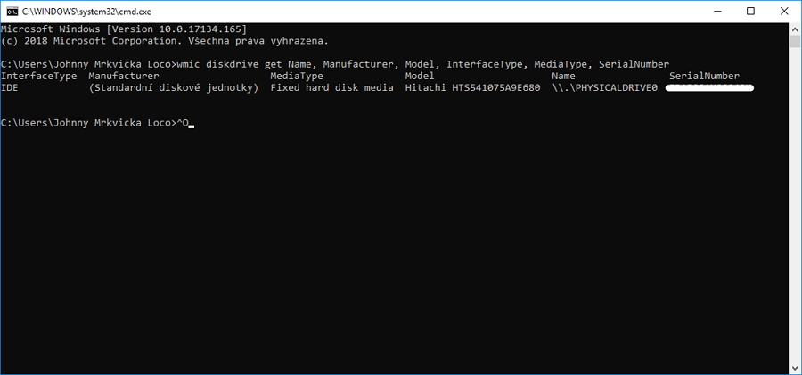 serial-number.jpg Pomocí příkazu wmic diskdrive get získáme přehledný výpis všech požadovaných informací