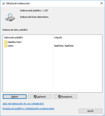 Možnosti indexování najdeme pod Ovládací panely - Všechny položky Ovládacích panelů