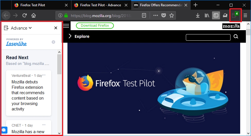 Firefox Advance v podobě postranního panelu a ikonky s notifikacemi Podoba Firefox Advance