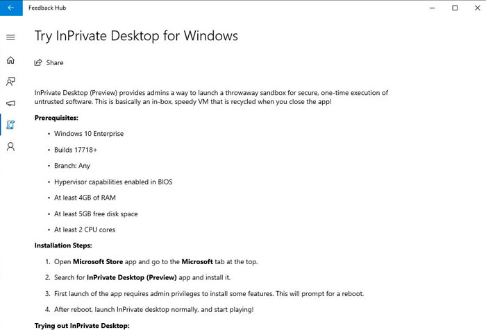 Informace o InPrivate Desktop v prostředí aplikace Feedback Hub Informace o InPrivate Desktop v prostředí aplikace Feedback Hub