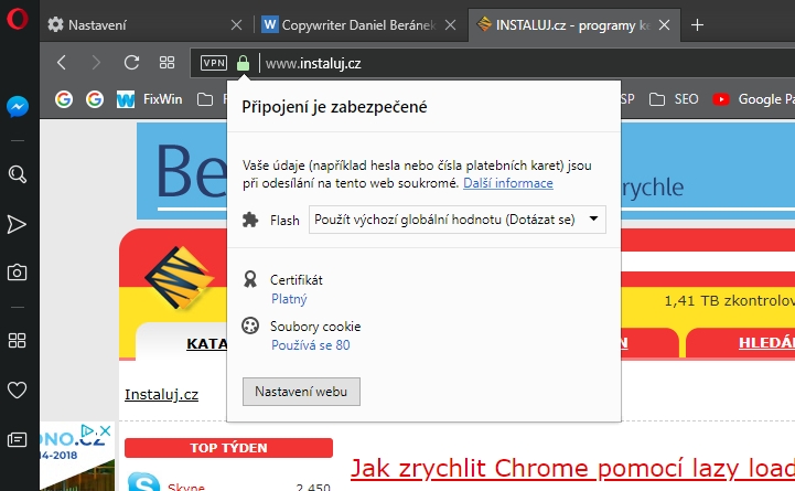 Bezpečnostní informace o konkrétním webu, jak je známe i z jiných prohlížečů Bezpečnostní informace o konkrétním webu, jak je známe i z jiných prohlížečů