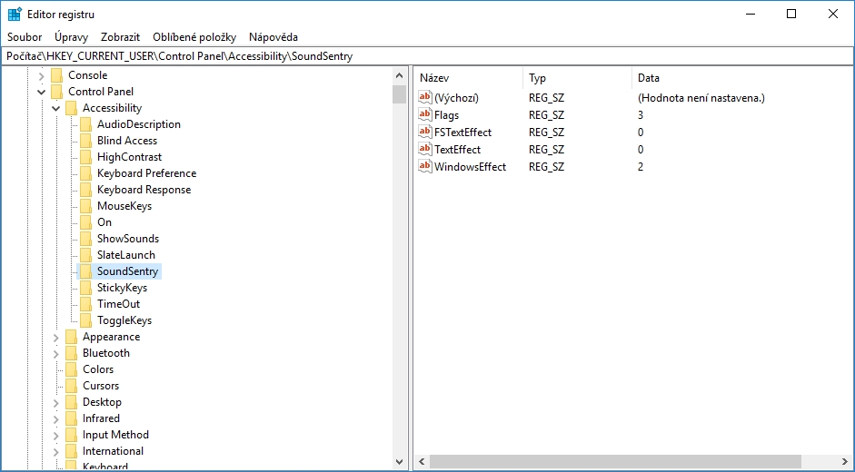 Ve složce Počítač\HKEY_CURRENT_USER\Control Panel\Accessibility\SoundSentry je třeba zkontrolovat a nastavit klíče Flags a WindowsEffect Ve složce Počítač\HKEY_CURRENT_USER\Control Panel\Accessibility\SoundSentry je třeba zkontrolovat a nastavit klíče Flags a WindowsEffect