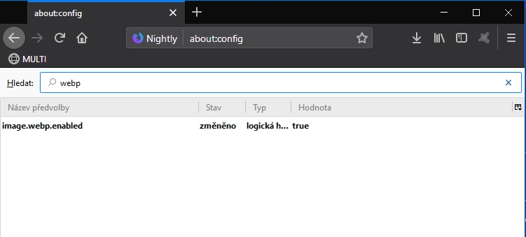 Změna nastavení položky image.webp.enabled v about:config Firefoxu Nightly Změna nastavení položky image.webp.enabled v about:config Firefoxu Nightly