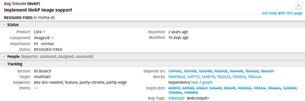 Bug chybějící podpory pro obrázkový formát WebP byl konečně vyřešen (Zdroj: Bugzilla.com) Bug chybějící podpory pro obrázkový formát WebP byl konečně vyřešen (Zdroj: Bugzilla.com)