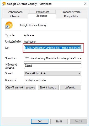 Tmavý režim Google Chrome povolíme přes Vlastnosti v kontextovém menu zástupce daného programu Tmavý režim Google Chrome povolíme přes Vlastnosti v kontextovém menu zástupce daného programu
