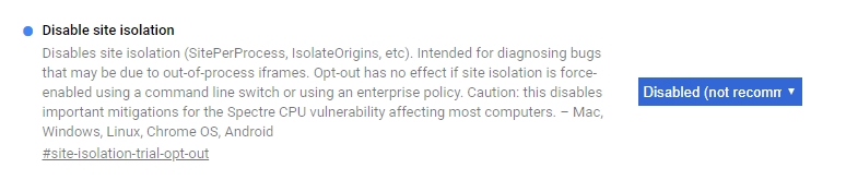 V chrome://flags stačí zvolit Disabled pro položku Disable Site Isolation V chrome://flags stačí zvolit Disabled pro položku Disable Site Isolation