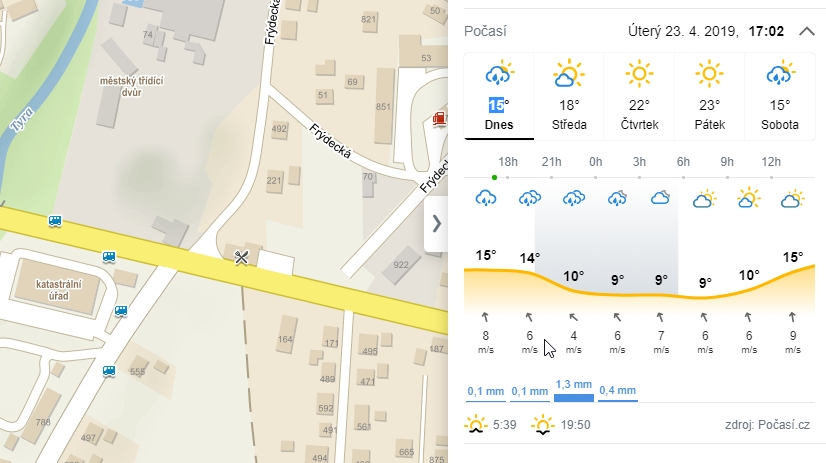 Detailní informace zahrnují srážkové podmínky, teplotu, rychlost větru, objem srážek, dobu východu a zapadání slunce Detailní informace zahrnují srážkové podmínky, teplotu, rychlost větru, objem srážek, dobu východu a zapadání slunce