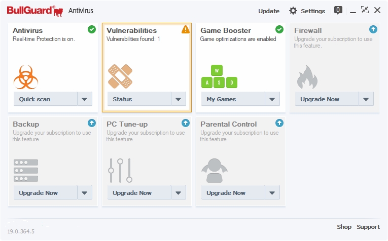Výchozí obrazovka znázorňuje i moduly dostupné ve vyšších edicích zabezpečení od BullGuard Výchozí obrazovka znázorňuje i moduly dostupné ve vyšších edicích zabezpečení od BullGuard