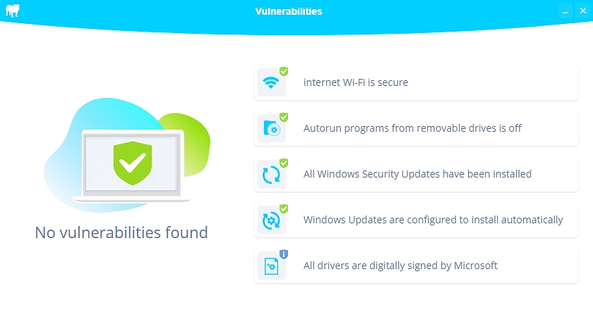BullGuard Antivirus zkontroluje několik klíčových prvků zabezpečení operačního systému BullGuard Antivirus zkontroluje několik klíčových prvků zabezpečení operačního systému