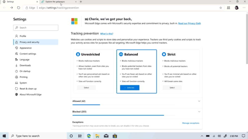 Zjednodušené možnosti nastavení soukromí prohlížeče Microsoft Edge (Zdroj: Microsoft Edge Blog) Zjednodušené možnosti nastavení soukromí prohlížeče Microsoft Edge (Zdroj: Microsoft Edge Blog)