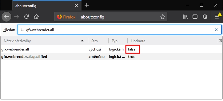 Nastavení WebRenderu: about:config - gfx.webrender.all - Hodnota na true - restartovat Firefox Nastavení WebRenderu: about:config - gfx.webrender.all - Hodnota na true - restartovat Firefox