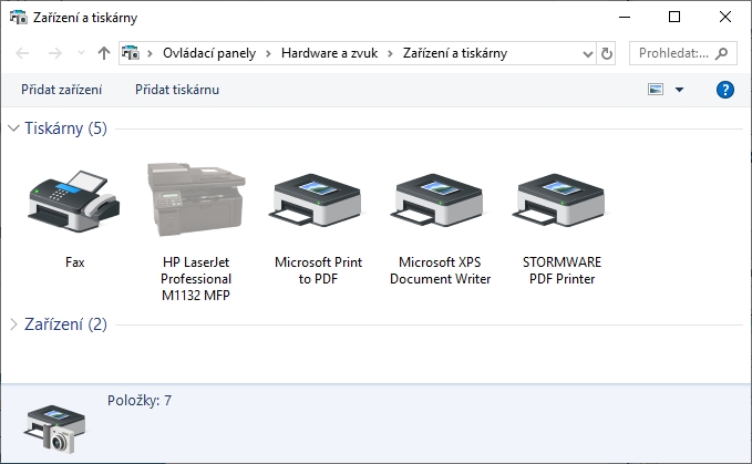 Výpis nainstalovaných tiskáren v Ovládacích panelech - Zařízení a tiskárny Výpis nainstalovaných tiskáren v Ovládacích panelech - Zařízení a tiskárny