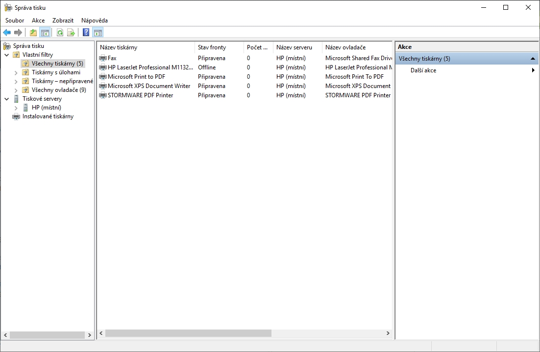 Výpis nainstalovaných tiskáren v nástroji Správa tisku dostupné na Windows 10 Pro Výpis nainstalovaných tiskáren v nástroji Správa tisku dostupné na Windows 10 Pro