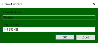 Odečtené RGB hodnoty vepíšeme do Údaje hodnoty Window s mezerou a v pořadí RGB Odečtené RGB hodnoty vepíšeme do Údaje hodnoty Window s mezerou a v pořadí RGB