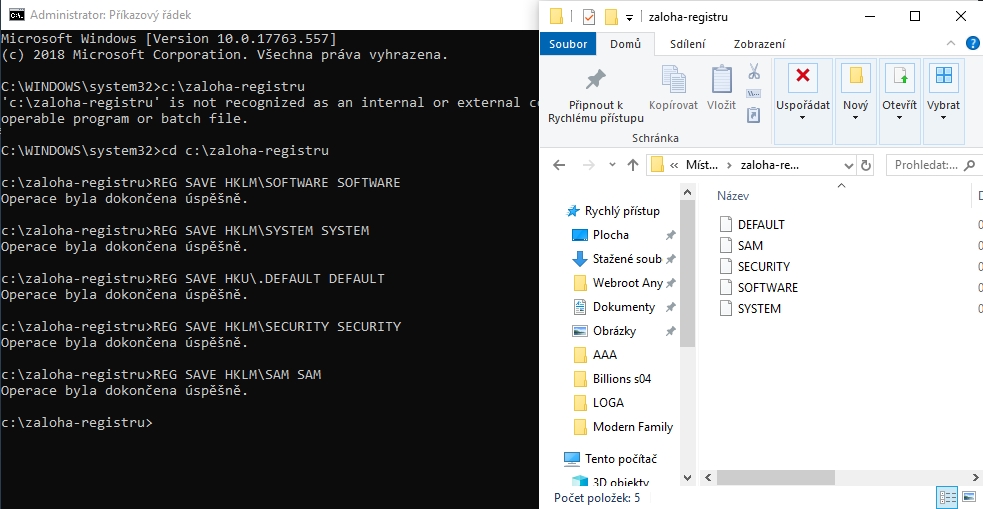Jednotlivé příkazy zálohy registru vytvoří odpovídající soubory podkategorií systémového registru Windows Jednotlivé příkazy zálohy registru vytvoří odpovídající soubory podkategorií systémového registru Windows
