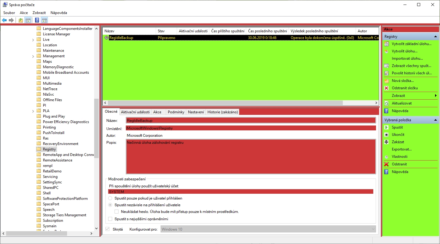Podoba naplánované úlohy pro automatické zálohování systémového registru Windows Podoba naplánované úlohy pro automatické zálohování systémového registru Windows