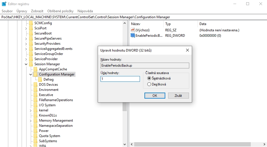 Ve složce registru HKEY_LOCAL_MACHINE\SYSTEM\CurrentControlSet\Control\Session Manager\Configuration Manager je třeba vytvořit klíč EnablePeriodicBackup Ve složce registru HKEY_LOCAL_MACHINE\SYSTEM\CurrentControlSet\Control\Session Manager\Configuration Manager je třeba vytvořit klíč EnablePeriodicBackup