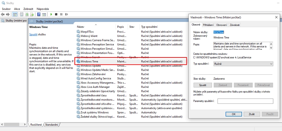 Tento počítač - Spravovat - Služby a aplikace - Služby - Windows Time - Typ spouštění - Ručně - Použít - OK Tento počítač - Spravovat - Služby a aplikace - Služby - Windows Time - Typ spouštění - Ručně - Použít - OK