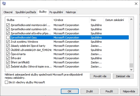 WIN + R - msconfig - Zprostředkovatel času - odškrtnout - potvrdit Použít - restartovat WIN + R - msconfig - Zprostředkovatel času - odškrtnout - potvrdit Použít - restartovat