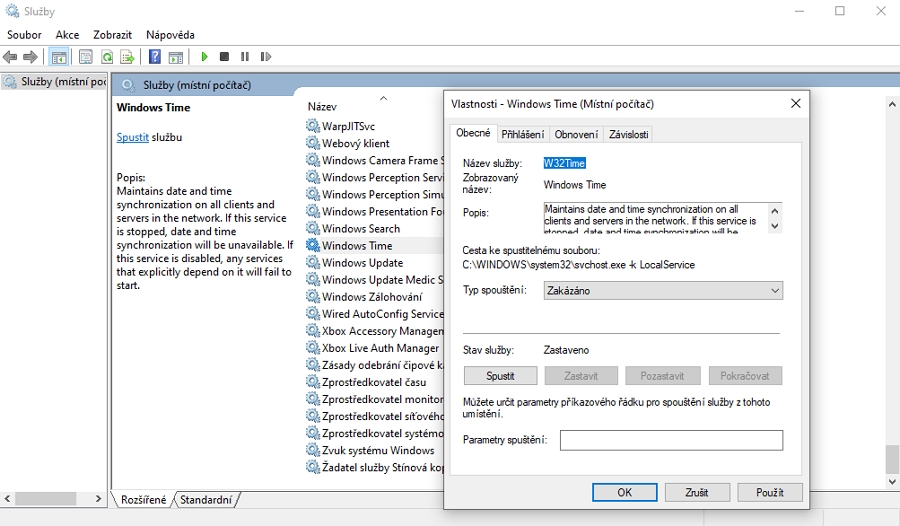 Tento počítač - Spravovat - Služby a aplikace - Služby - Windows Time - Typ spouštění - Zakázáno - Použít - OK Tento počítač - Spravovat - Služby a aplikace - Služby - Windows Time - Typ spouštění - Zakázáno - Použít - OK