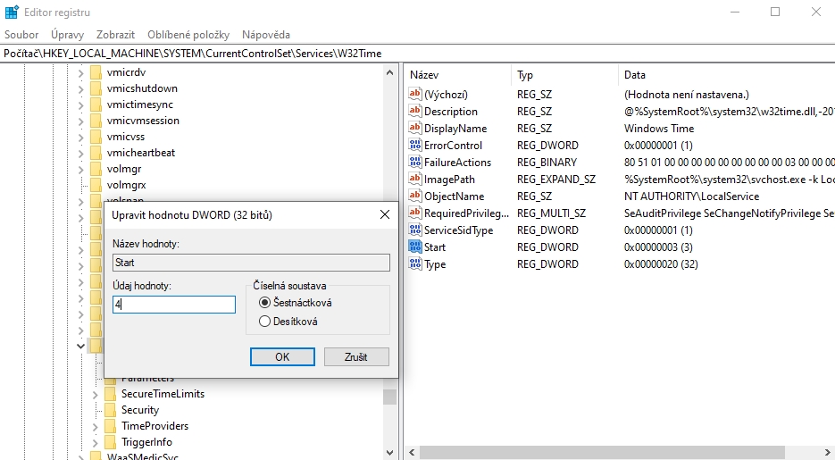 WIN + R - regedit - HKEY_LOCAL_MACHINE\SYSTEM\CurrentControlSet\Services\W32Time\Start - Údaj hodnoty - 4 WIN + R - regedit - HKEY_LOCAL_MACHINE\SYSTEM\CurrentControlSet\Services\W32Time\Start - Údaj hodnoty - 4