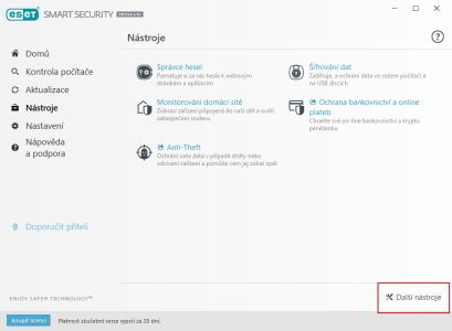 ...a Další nástroje ESET Smart Security Premium se pečlivě skrývají vpravo dole na tomtéž okně
