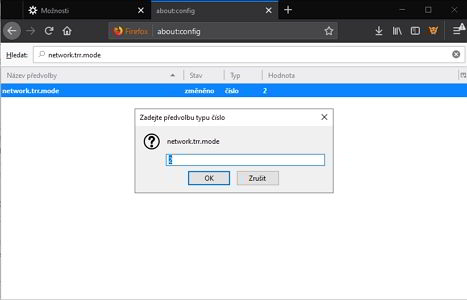 Nebo v pokročilých nastaveních about:config najít položku network.trr.mode a zvolit hodnotu 2 či 1, nebo 3 Nebo v pokročilých nastaveních about:config najít položku network.trr.mode a zvolit hodnotu 2 či 1, nebo 3