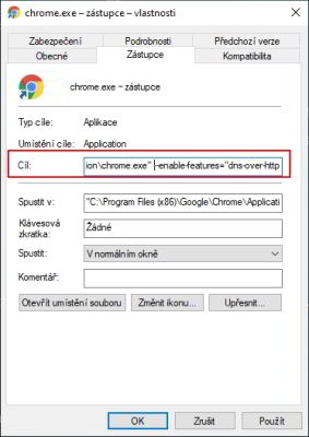 Do Cíle zástupce Chrome přidáme příkaz --enable-features="dns-over-https<DoHTrial" --force-fieldtrials="DoHTrial/Group1" --force-fieldtrial-params="DoHTrial.Group1:server/https%3A%2F%2F1.1.1.1%2Fdns-query/method/POST Do Cíle zástupce Chrome přidáme příkaz --enable-features="dns-over-https<DoHTrial" --force-fieldtrials="DoHTrial/Group1" --force-fieldtrial-params="DoHTrial.Group1:server/https%3A%2F%2F1.1.1.1%2Fdns-query/method/POST